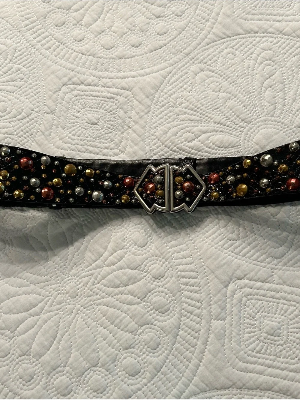 Judith Leiber Adjustable Black Leather Belt with Multicolored Stud Accents